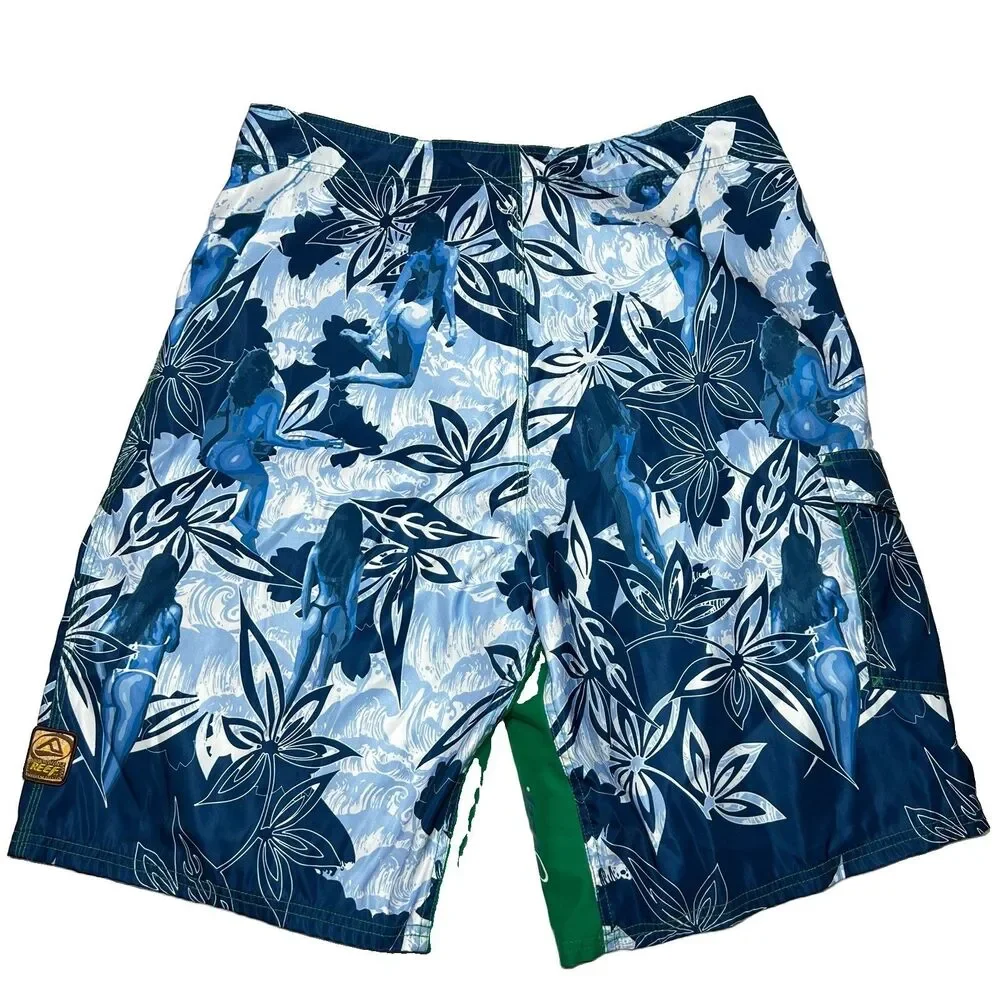 Reef Mens Vtg Y2K Board Shorts 36 Blue Bikini Tropical Floral Swim Trunks Surf